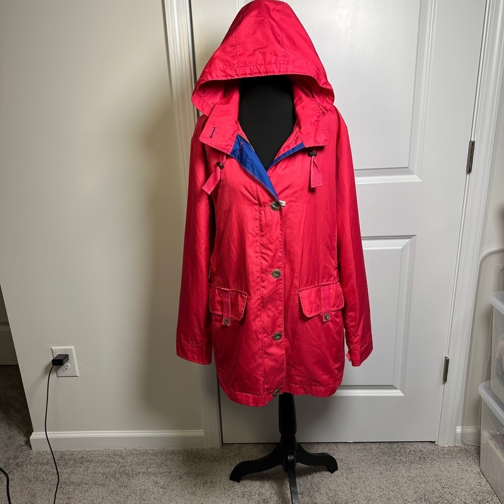 Vintage Women's Red Hooded Rain Jacket‎ Casual Lightweight Windbreaker